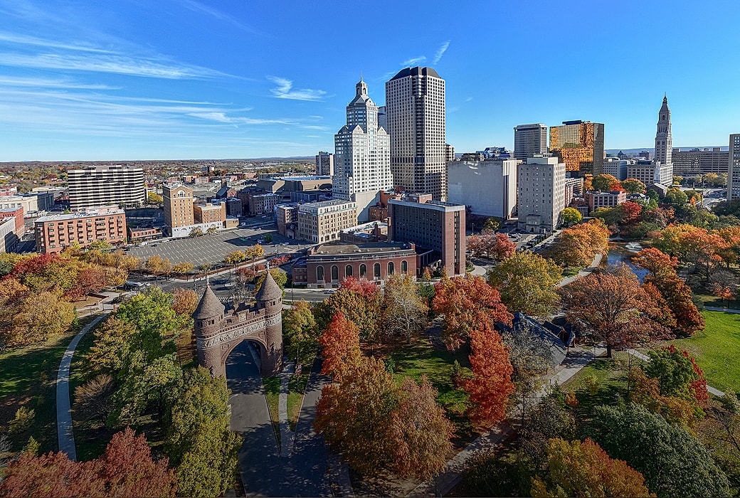 Brick office building with large windows.