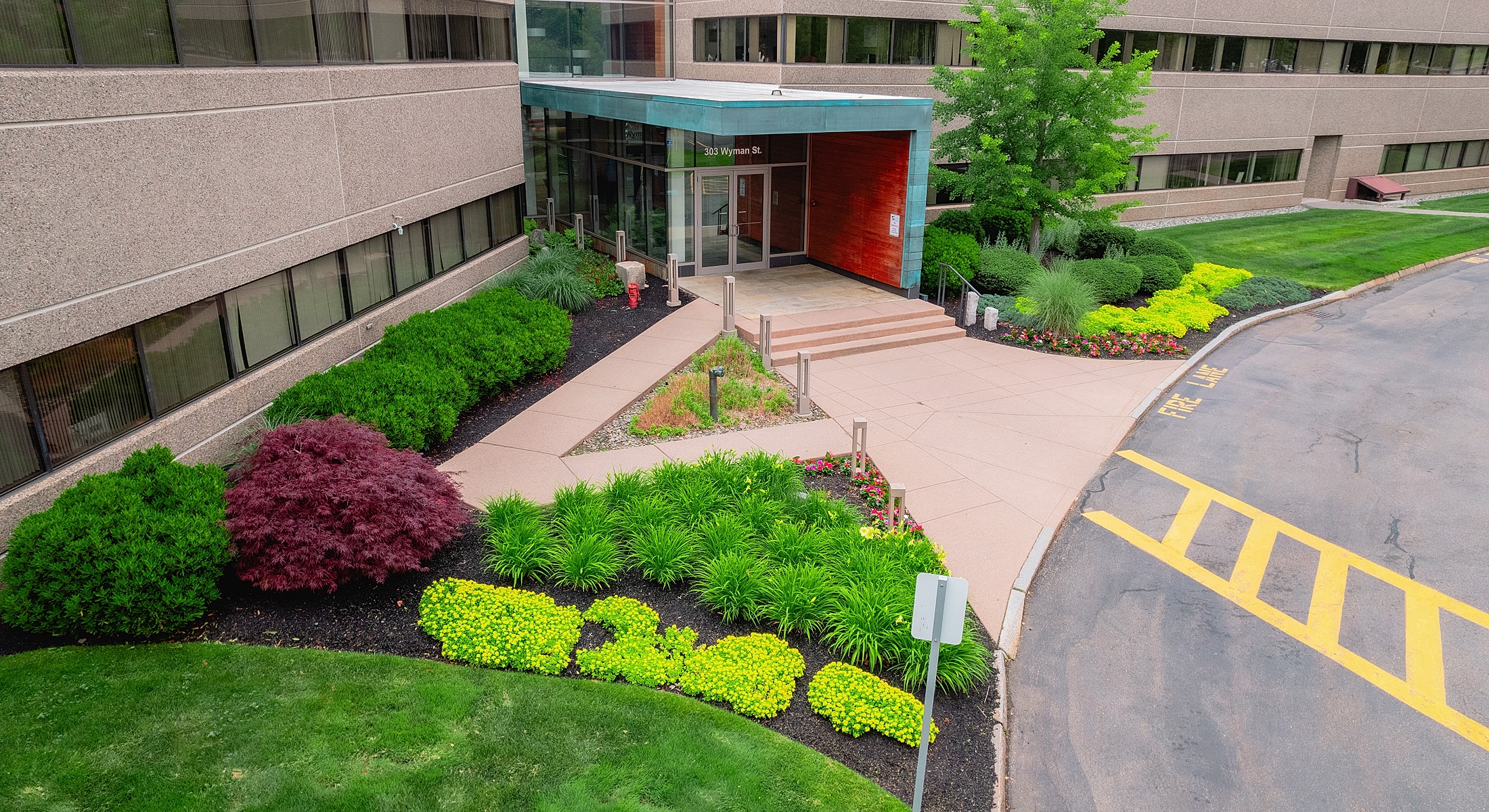 Office entrance with landscaped garden and pathway.